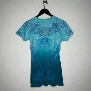 Sinful Blue Ombre Y2K Graphic Winged Heart T-Shirt Large